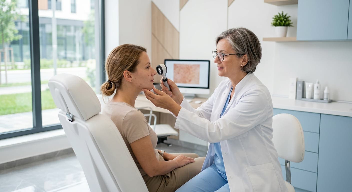 Specialist i dermatologjisë duke u konsultuar me një pacient në një mjedis modern klinik